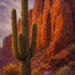 Desert Southwest Southwest Desert Wall Art featuring tall saguaro standing before copper-colored cliffs for refined interiors