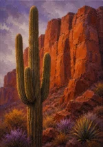 Desert Southwest Southwest Desert Wall Art featuring tall saguaro standing before copper-colored cliffs for refined interiors