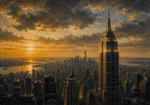 Gilded Metropolis New York City Wall Art featuring Art Deco skyscraper rising through evening haze for refined interiors