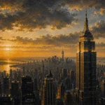 Gilded Metropolis New York City Wall Art featuring Art Deco skyscraper rising through evening haze for refined interiors