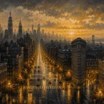 Gilded Metropolis New York City Wall Art featuring grand avenue reflecting amber city lights after rain for refined interiors