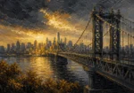Gilded Metropolis New York City Wall Art featuring steel bridge framing the distant Manhattan skyline for refined interiors