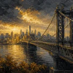 Gilded Metropolis New York City Wall Art featuring steel bridge framing the distant Manhattan skyline for refined interiors