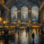 Gilded Metropolis New York City Wall Art featuring monumental station concourse beneath vaulted windows for refined interiors