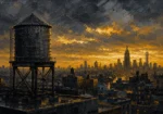 Gilded Metropolis New York City Wall Art featuring rooftop water tower silhouetted against a gold horizon for refined interiors
