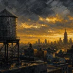 Gilded Metropolis New York City Wall Art featuring rooftop water tower silhouetted against a gold horizon for refined interiors