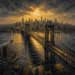 Gilded Metropolis New York City Wall Art featuring steel bridge framing the distant Manhattan skyline for refined interiors