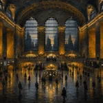 Gilded Metropolis New York City Wall Art featuring monumental station concourse beneath vaulted windows for refined interiors