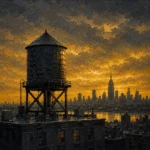 Gilded Metropolis New York City Wall Art featuring rooftop water tower silhouetted against a gold horizon for refined interiors