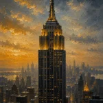 Gilded Metropolis New York City Wall Art featuring Art Deco skyscraper rising through evening haze for refined interiors