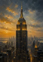 Gilded Metropolis New York City Wall Art featuring Art Deco skyscraper rising through evening haze for refined interiors