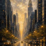 Gilded Metropolis New York City Wall Art featuring grand avenue reflecting amber city lights after rain for refined interiors