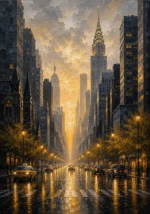 Gilded Metropolis New York City Wall Art featuring grand avenue reflecting amber city lights after rain for refined interiors