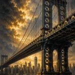 Gilded Metropolis New York City Wall Art featuring steel bridge framing the distant Manhattan skyline for refined interiors