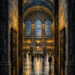 Gilded Metropolis New York City Wall Art featuring monumental station concourse beneath vaulted windows for refined interiors
