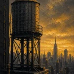 Gilded Metropolis New York City Wall Art featuring rooftop water tower silhouetted against a gold horizon for refined interiors