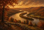 Hudson Autumn Hudson Valley Wall Art featuring grand river bend beneath copper-colored hills for refined interiors