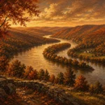 Hudson Autumn Hudson Valley Wall Art featuring grand river bend beneath copper-colored hills for refined interiors