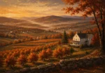 Hudson Autumn Hudson Valley Wall Art featuring white farmhouse overlooking layered orchards for refined interiors