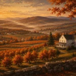 Hudson Autumn Hudson Valley Wall Art featuring white farmhouse overlooking layered orchards for refined interiors