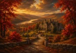 Hudson Autumn Hudson Valley Wall Art featuring stone manor framed by crimson maple trees for refined interiors