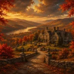 Hudson Autumn Hudson Valley Wall Art featuring stone manor framed by crimson maple trees for refined interiors