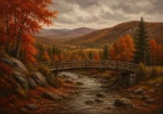 Hudson Autumn Hudson Valley Wall Art featuring wooden bridge crossing a leaf-lined stream for refined interiors