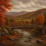 Hudson Autumn Hudson Valley Wall Art featuring wooden bridge crossing a leaf-lined stream for refined interiors