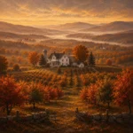 Hudson Autumn Hudson Valley Wall Art featuring white farmhouse overlooking layered orchards for refined interiors
