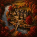Hudson Autumn Hudson Valley Wall Art featuring stone manor framed by crimson maple trees for refined interiors