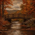 Hudson Autumn Hudson Valley Wall Art featuring wooden bridge crossing a leaf-lined stream for refined interiors