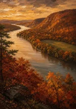 Hudson Autumn Hudson Valley Wall Art featuring grand river bend beneath copper-colored hills for refined interiors