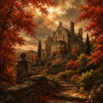 Hudson Autumn Hudson Valley Wall Art featuring stone manor framed by crimson maple trees for refined interiors