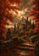 Hudson Autumn Hudson Valley Wall Art featuring stone manor framed by crimson maple trees for refined interiors