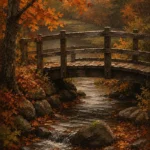 Hudson Autumn Hudson Valley Wall Art featuring wooden bridge crossing a leaf-lined stream for refined interiors