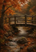 Hudson Autumn Hudson Valley Wall Art featuring wooden bridge crossing a leaf-lined stream for refined interiors