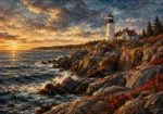 New England Navy New England Coastal Wall Art featuring white lighthouse above dark granite cliffs for refined interiors