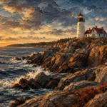 New England Navy New England Coastal Wall Art featuring white lighthouse above dark granite cliffs for refined interiors