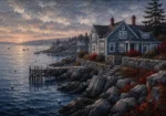 New England Navy New England Coastal Wall Art featuring shingled harbor house facing deep navy water for refined interiors