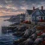 New England Navy New England Coastal Wall Art featuring shingled harbor house facing deep navy water for refined interiors