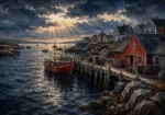 New England Navy New England Coastal Wall Art featuring red fishing boat moored beside a weathered pier for refined interiors