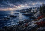 New England Navy New England Coastal Wall Art featuring rocky cove under a pale storm-cleared sky for refined interiors