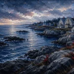 New England Navy New England Coastal Wall Art featuring rocky cove under a pale storm-cleared sky for refined interiors