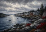 New England Navy New England Coastal Wall Art featuring line of sea-worn cottages along a quiet inlet for refined interiors