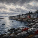 New England Navy New England Coastal Wall Art featuring line of sea-worn cottages along a quiet inlet for refined interiors