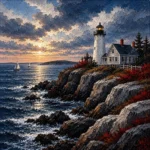 New England Navy New England Coastal Wall Art featuring white lighthouse above dark granite cliffs for refined interiors