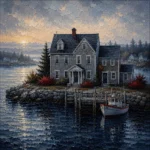 New England Navy New England Coastal Wall Art featuring shingled harbor house facing deep navy water for refined interiors