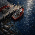 New England Navy New England Coastal Wall Art featuring red fishing boat moored beside a weathered pier for refined interiors