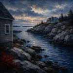 New England Navy New England Coastal Wall Art featuring rocky cove under a pale storm-cleared sky for refined interiors