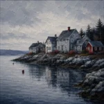 New England Navy New England Coastal Wall Art featuring line of sea-worn cottages along a quiet inlet for refined interiors